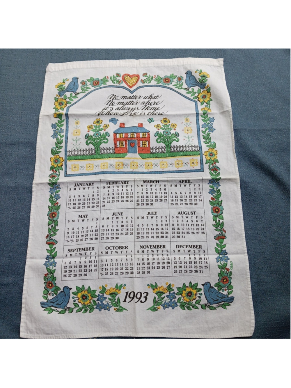 VTG 1993 Calendar Cottagecore Linen Tea Towel Wall Hanging Home Poem Floral